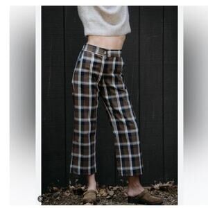 Ciao Lucia Brown Plaid Twill pants small crop 100% cotton back elastic  …